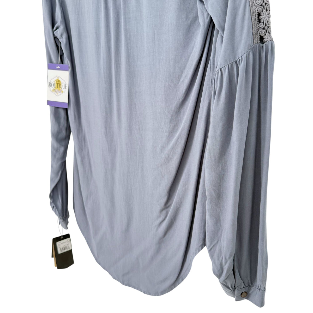 NWT Noble Outfitters XS Slate Gray Boho Peasant Blouse Folklore Lace Tassels