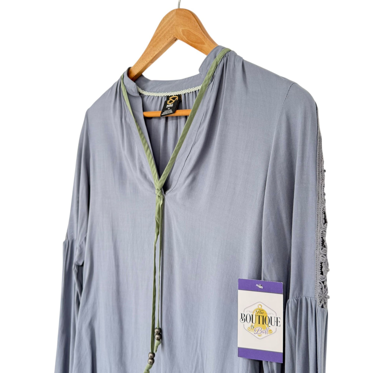 NWT Noble Outfitters XS Slate Gray Boho Peasant Blouse Folklore Lace Tassels