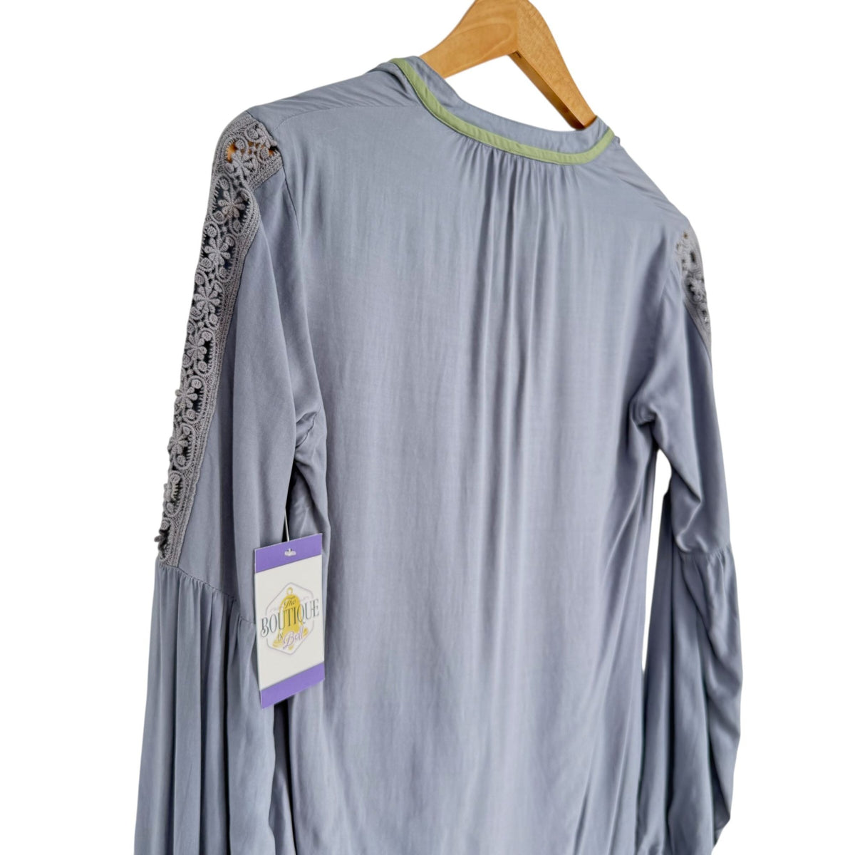 NWT Noble Outfitters XS Slate Gray Boho Peasant Blouse Folklore Lace Tassels
