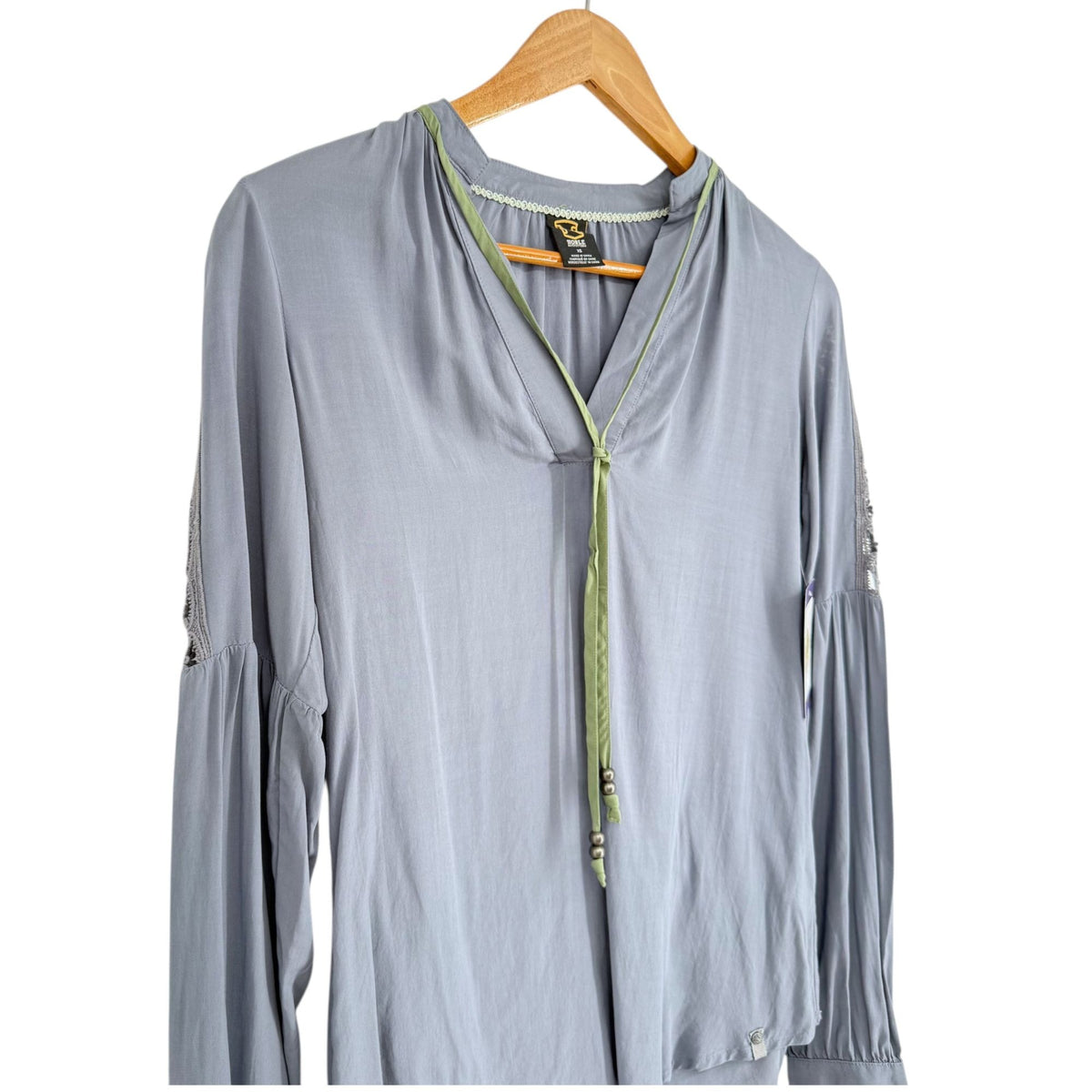 NWT Noble Outfitters XS Slate Gray Boho Peasant Blouse Folklore Lace Tassels