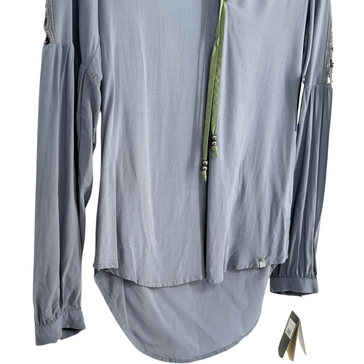 NWT Noble Outfitters XS Slate Gray Boho Peasant Blouse Folklore Lace Tassels