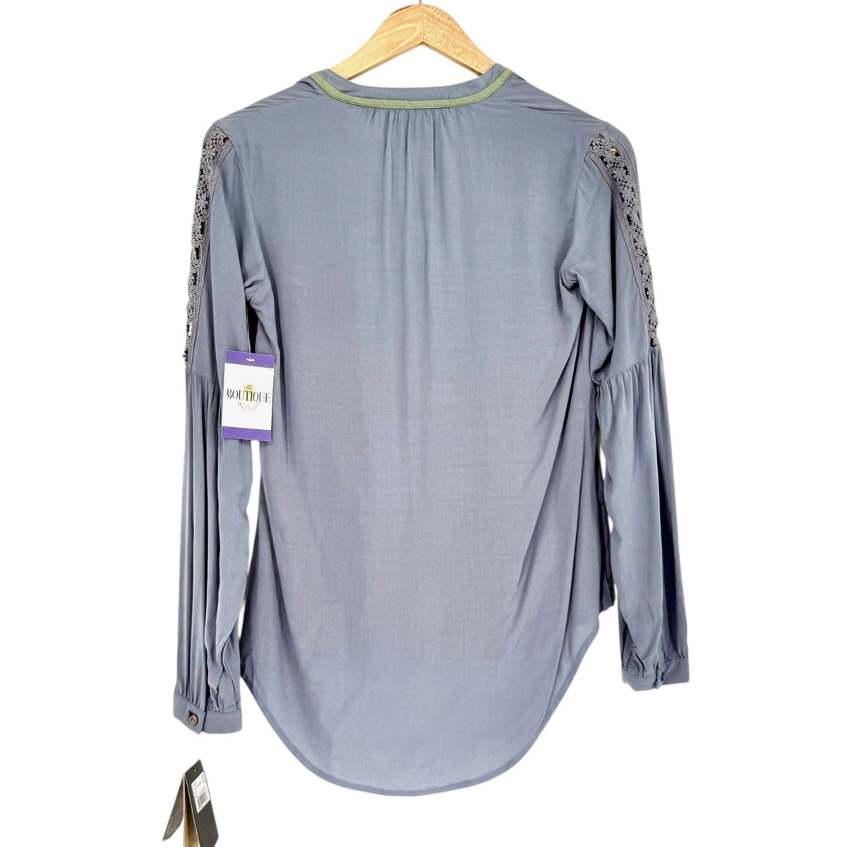 NWT Noble Outfitters XS Slate Gray Boho Peasant Blouse Folklore Lace Tassels