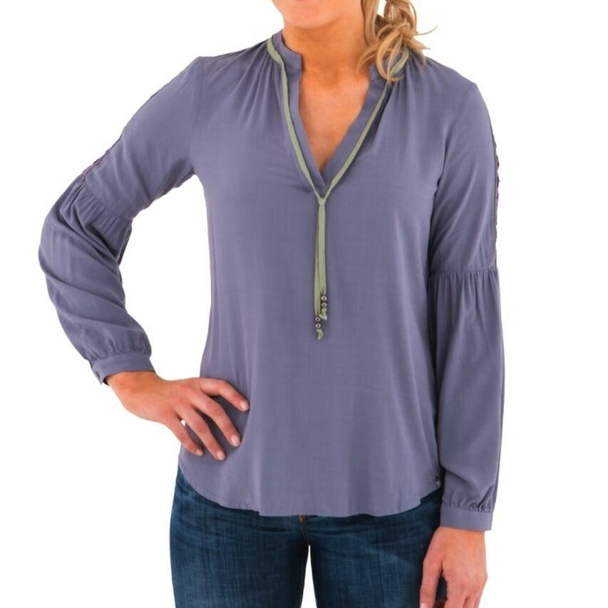 NWT Noble Outfitters XS Slate Gray Boho Peasant Blouse Folklore Lace Tassels
