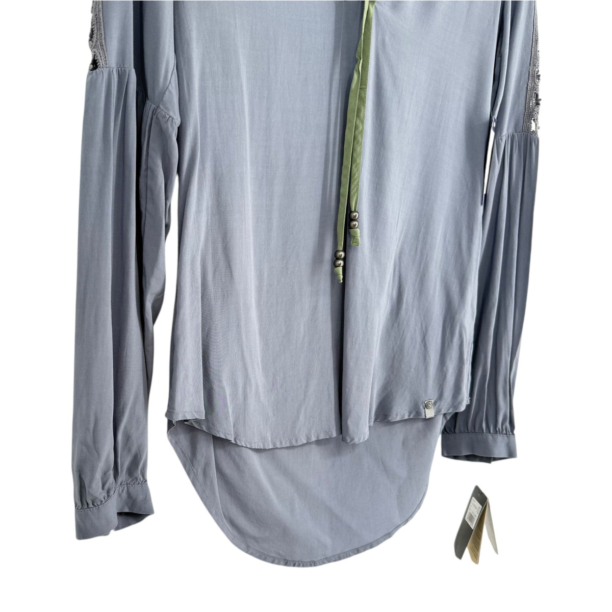 NWT Noble Outfitters XS Slate Gray Boho Peasant Blouse Folklore Lace Tassels