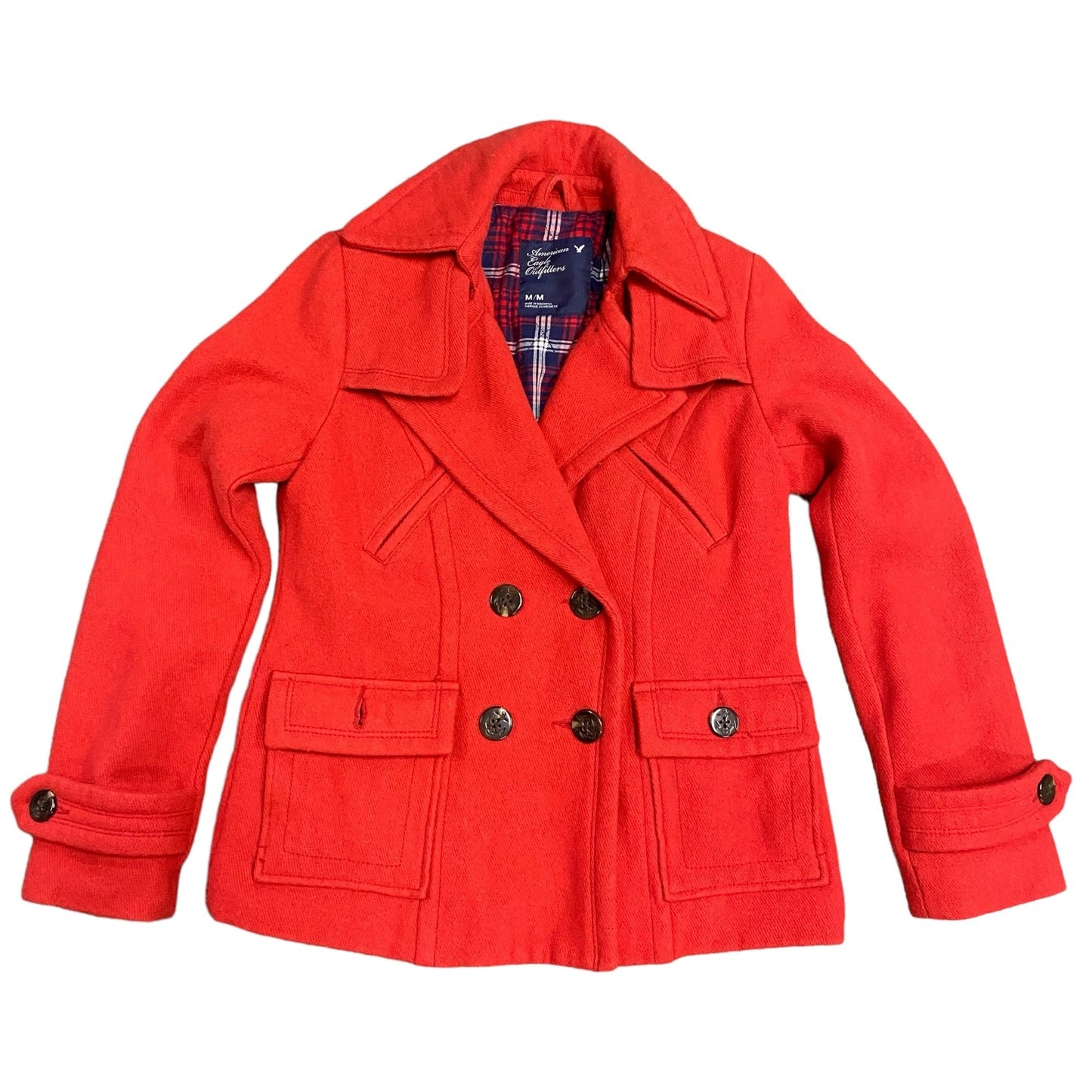 American Eagle Womens M Red Peacoat Wool Lined Double Breasted Button Pockets