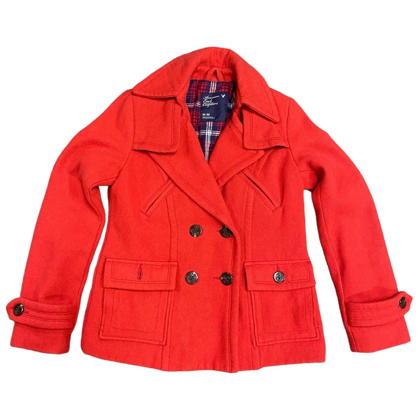 American Eagle Womens M Red Peacoat Wool Lined Double Breasted Button Pockets