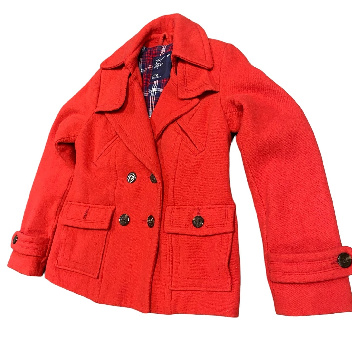 American Eagle Womens M Red Peacoat Wool Lined Double Breasted Button Pockets