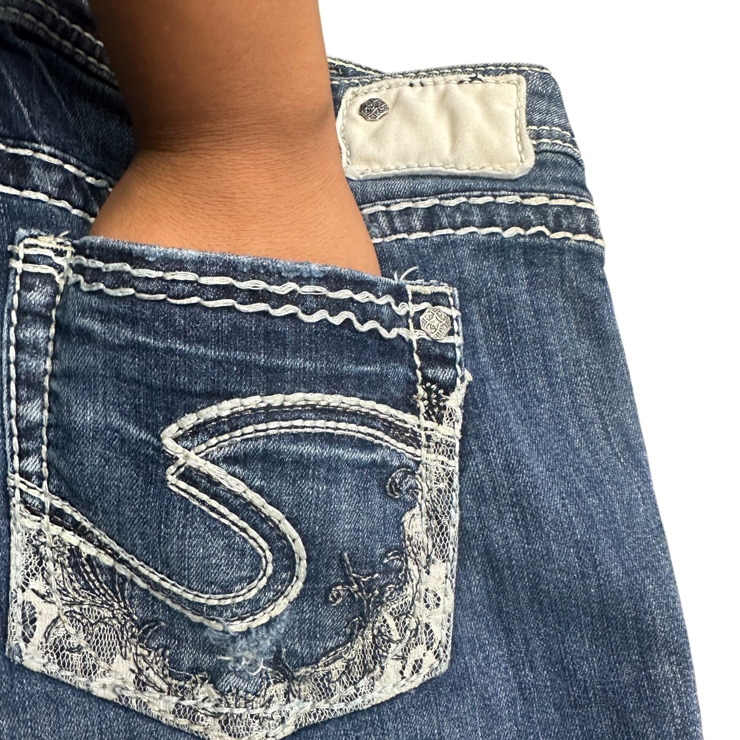 Silver Jeans Aiko Bootcut 16x33 Stretch Embroidered Lace Thick Stitch Distressed
