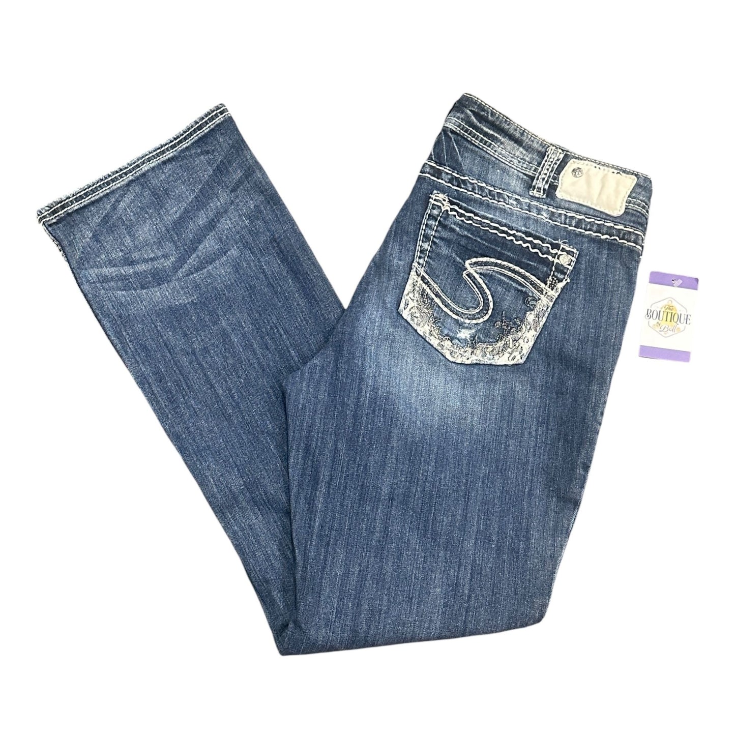 Silver Jeans Aiko Bootcut 16x33 Stretch Embroidered Lace Thick Stitch Distressed