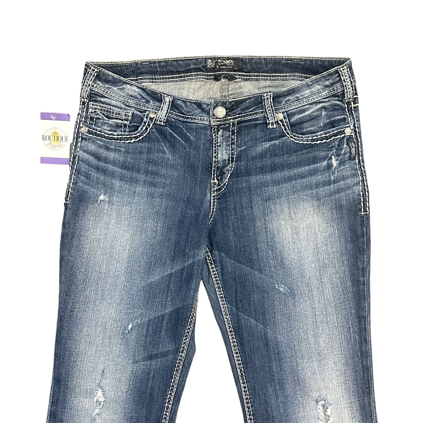 Silver Jeans Aiko Bootcut 16x33 Stretch Embroidered Lace Thick Stitch Distressed