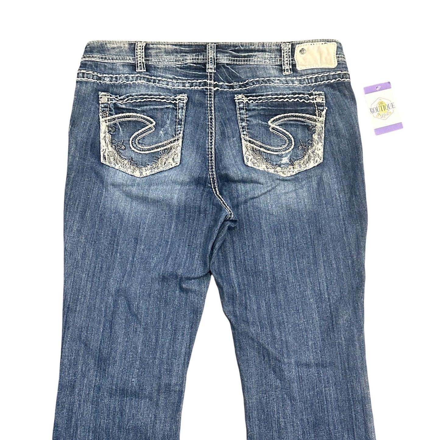 Silver Jeans Aiko Bootcut 16x33 Stretch Embroidered Lace Thick Stitch Distressed