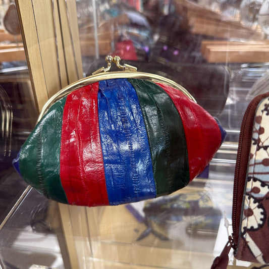 Vintage 70s Eel Skin Leather Double Kiss Lock Framed Colorful Coin Purse Wallet