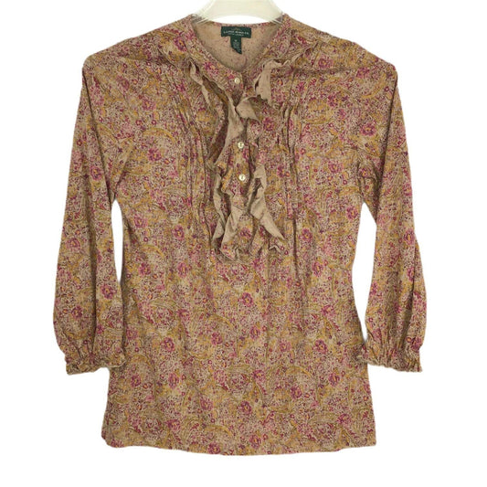 Lauren Ralph Lauren Ruffle Front Top Floral Paisley Boho 80s 90s Office Medium