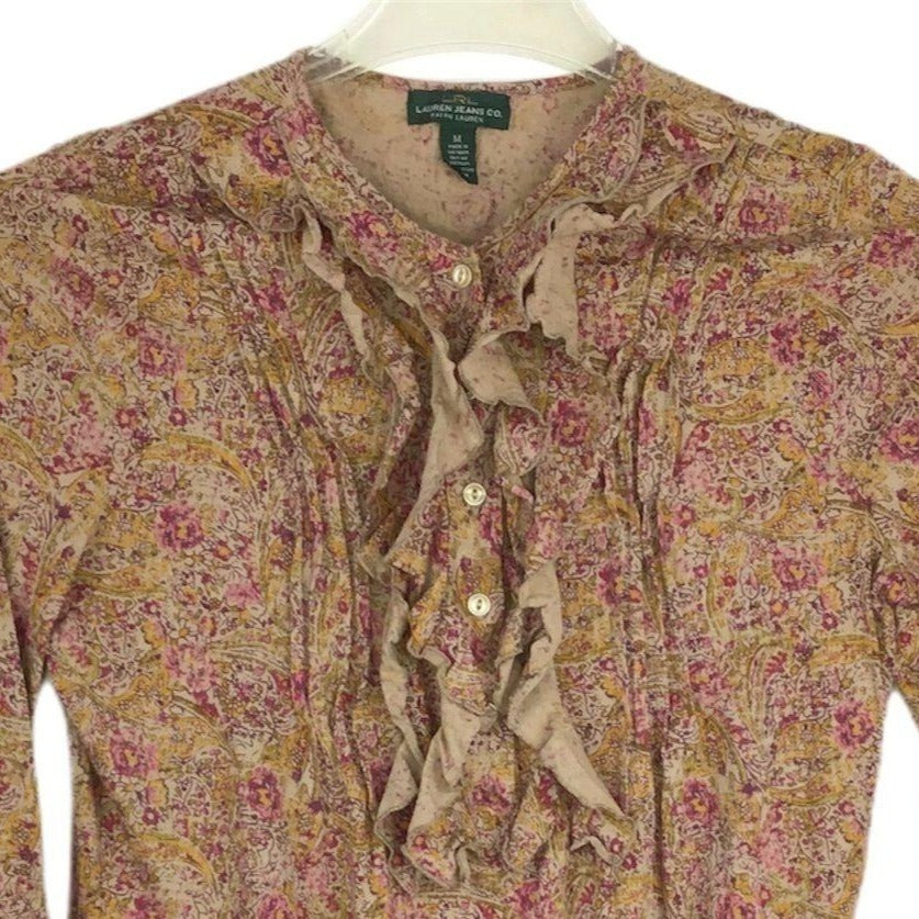 Lauren Ralph Lauren Ruffle Front Top Floral Paisley Boho 80s 90s Office Medium