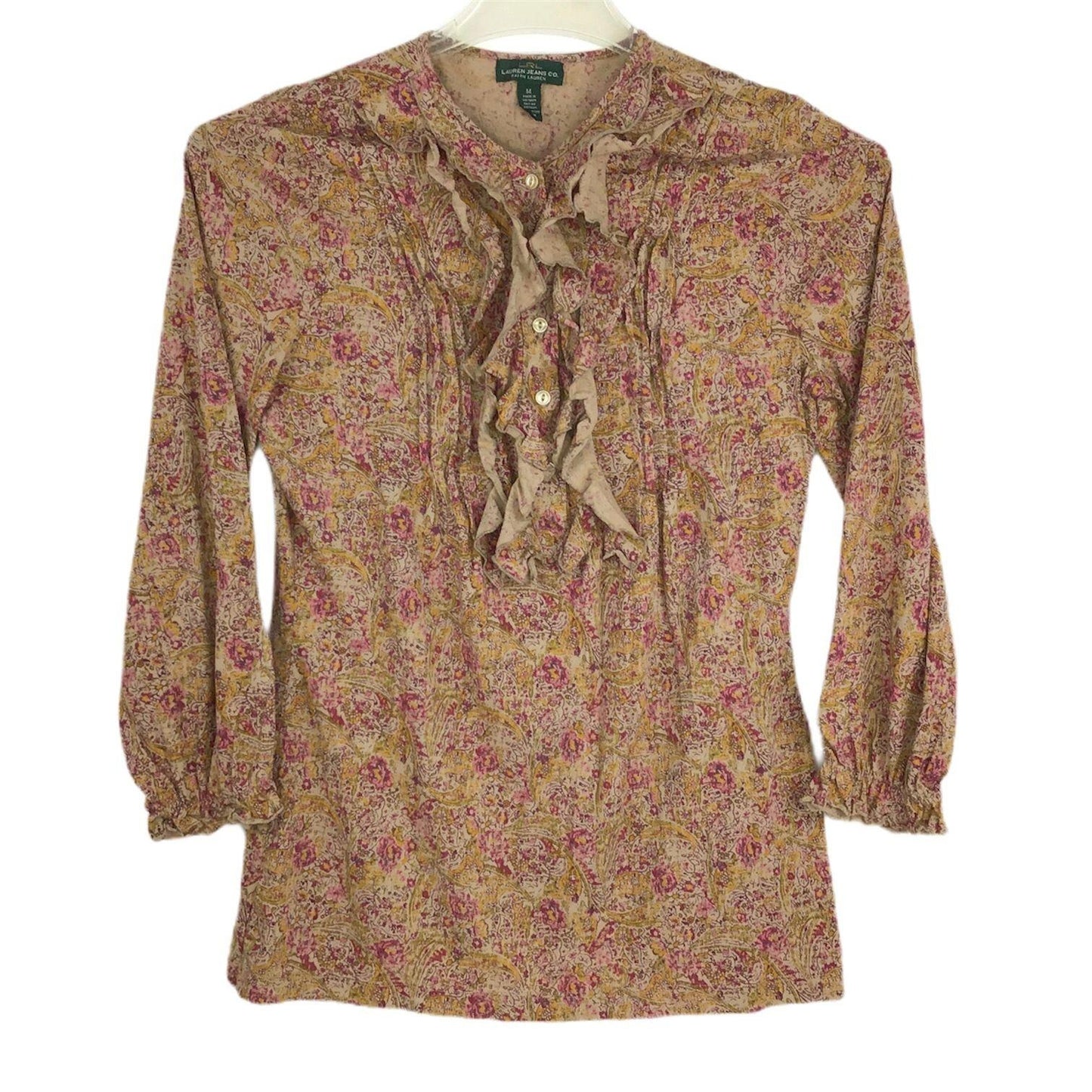 Lauren Ralph Lauren Ruffle Front Top Floral Paisley Boho 80s 90s Office Medium
