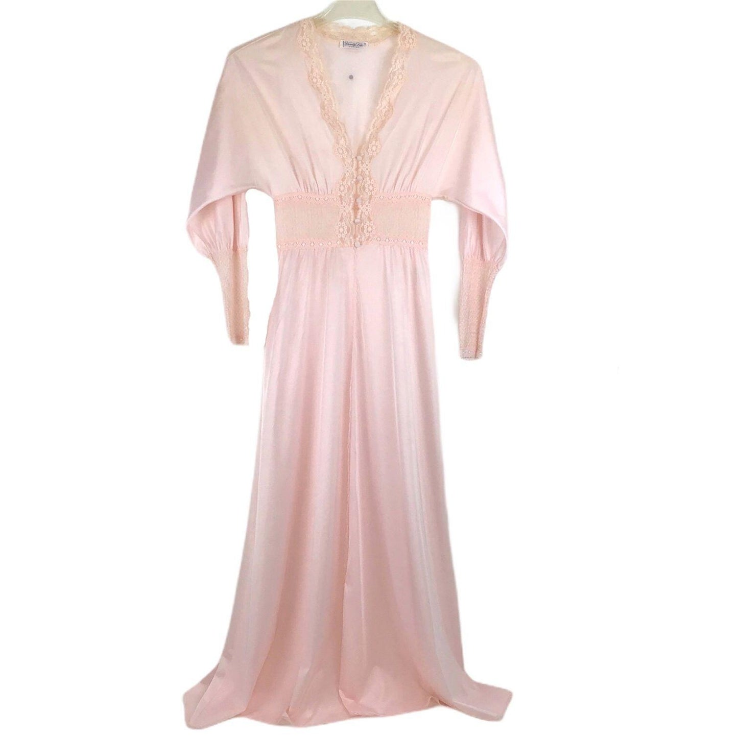 Vintage Vanity Fair Petites S Pink Floor Length Nightgown Long Sleeve Lace VNeck