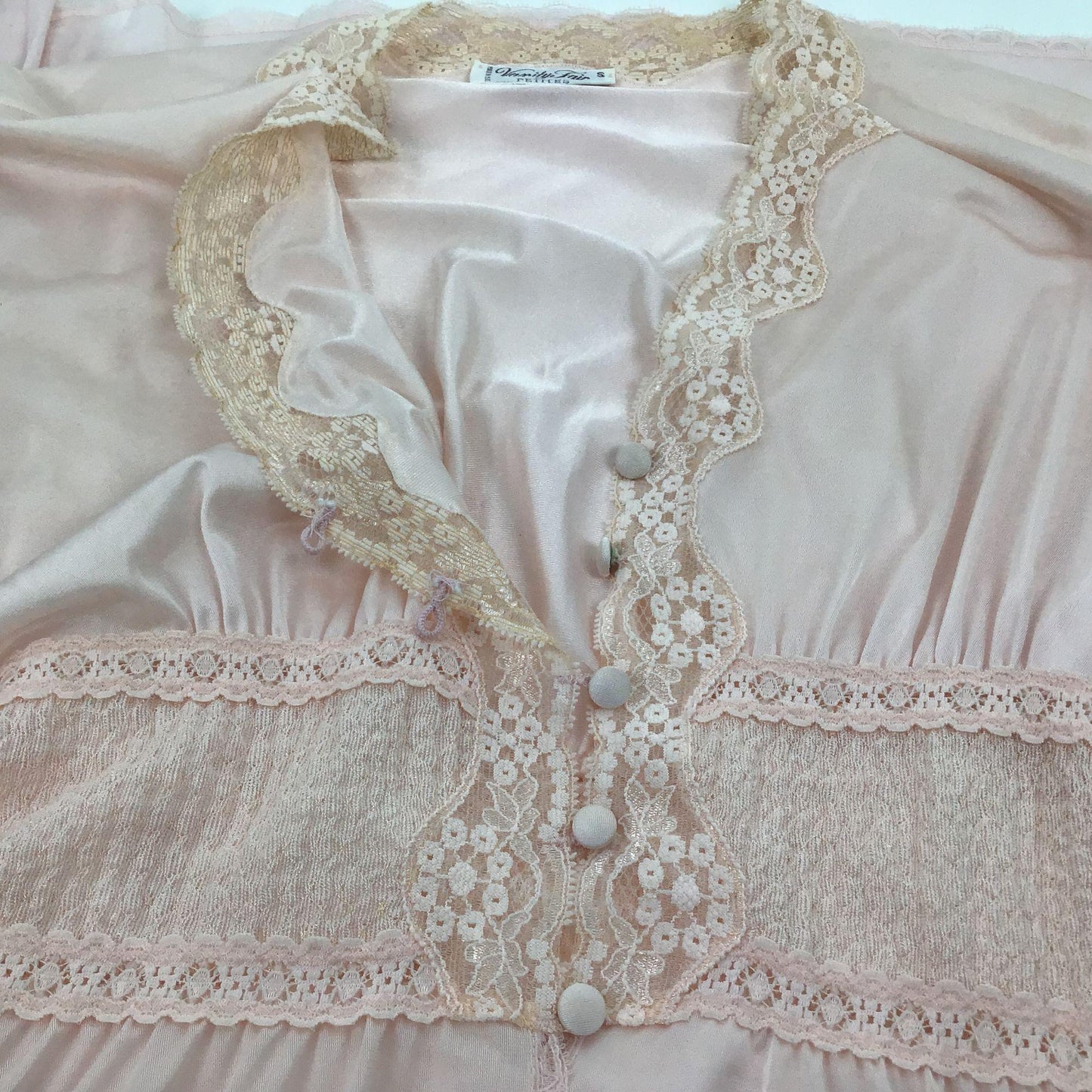 Vintage Vanity Fair Petites S Pink Floor Length Nightgown Long Sleeve Lace VNeck