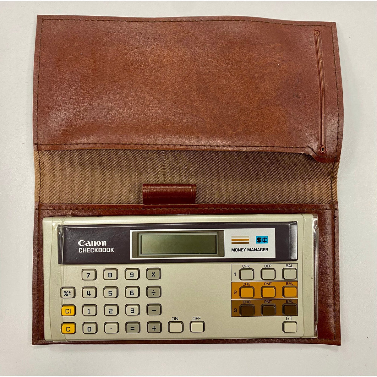 Vintage 80s Canon Checkbook Money Manager Calculator With Brown Leather Cover