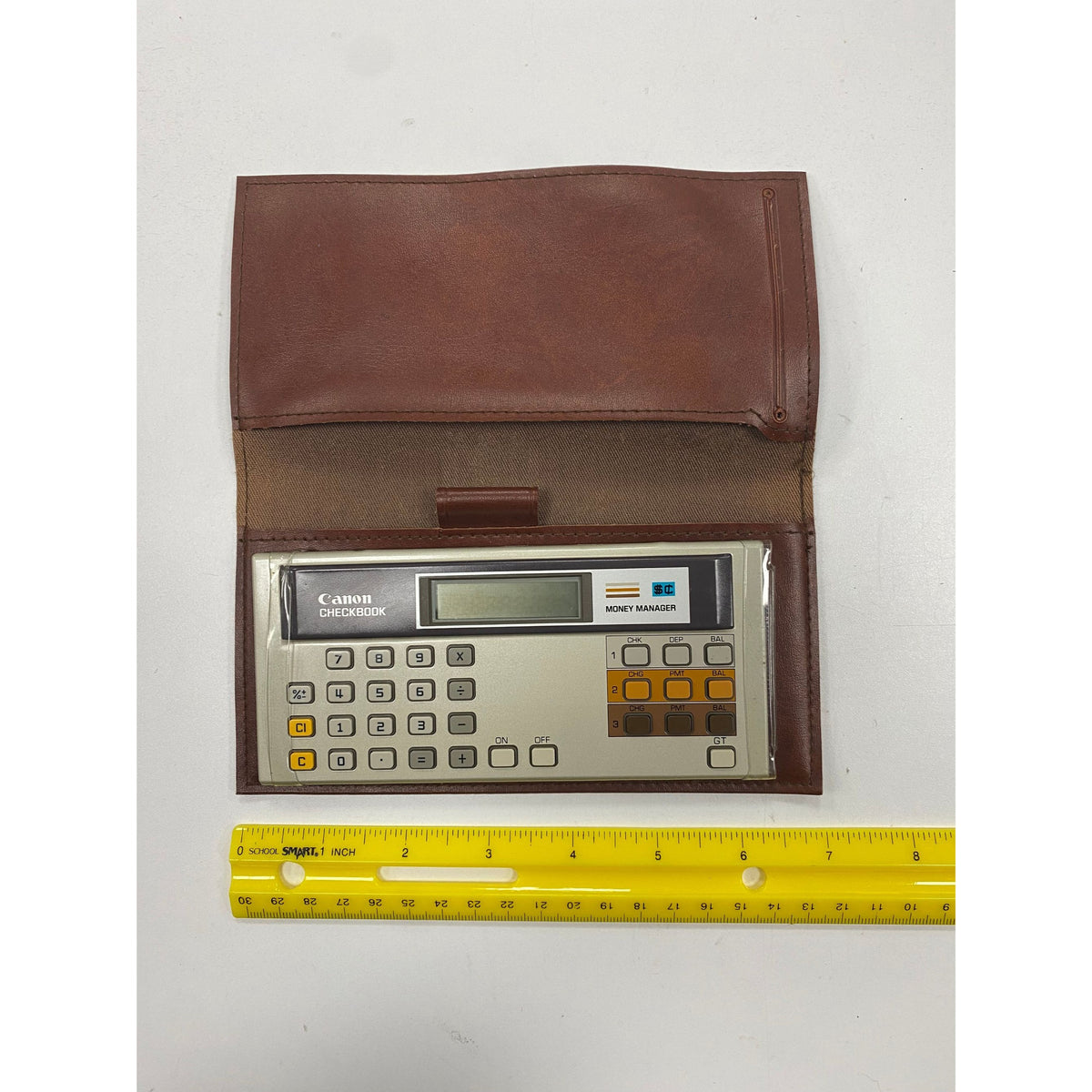 Vintage 80s Canon Checkbook Money Manager Calculator With Brown Leather Cover