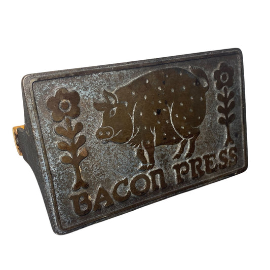 Vtg Heavy Duty Cast Iron Bacon Press Wood Handle Pig Flowers