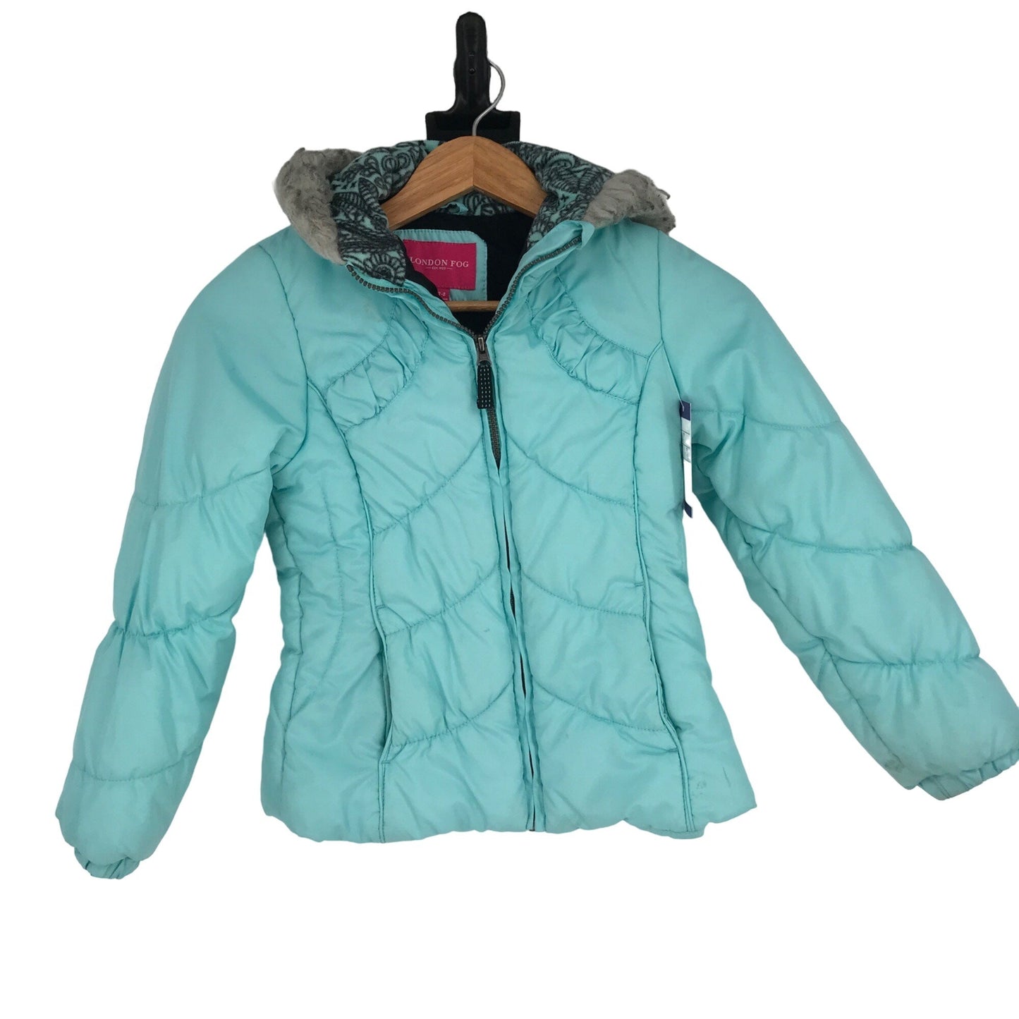 London Fog Girls S 7/8 Blue Puffer Ski Jacket Faux Fur Hooded Winter Coat