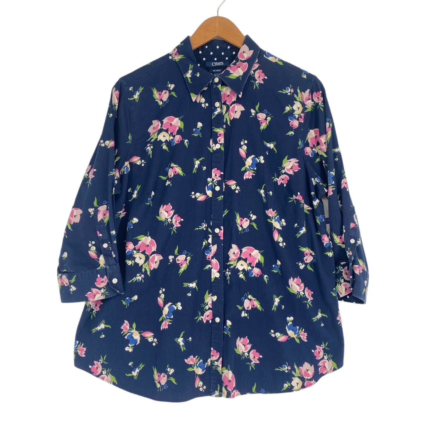 Chaps Womens 1X No Iron Navy Blue Button Up Blouse Pink Floral Contrast Cuff