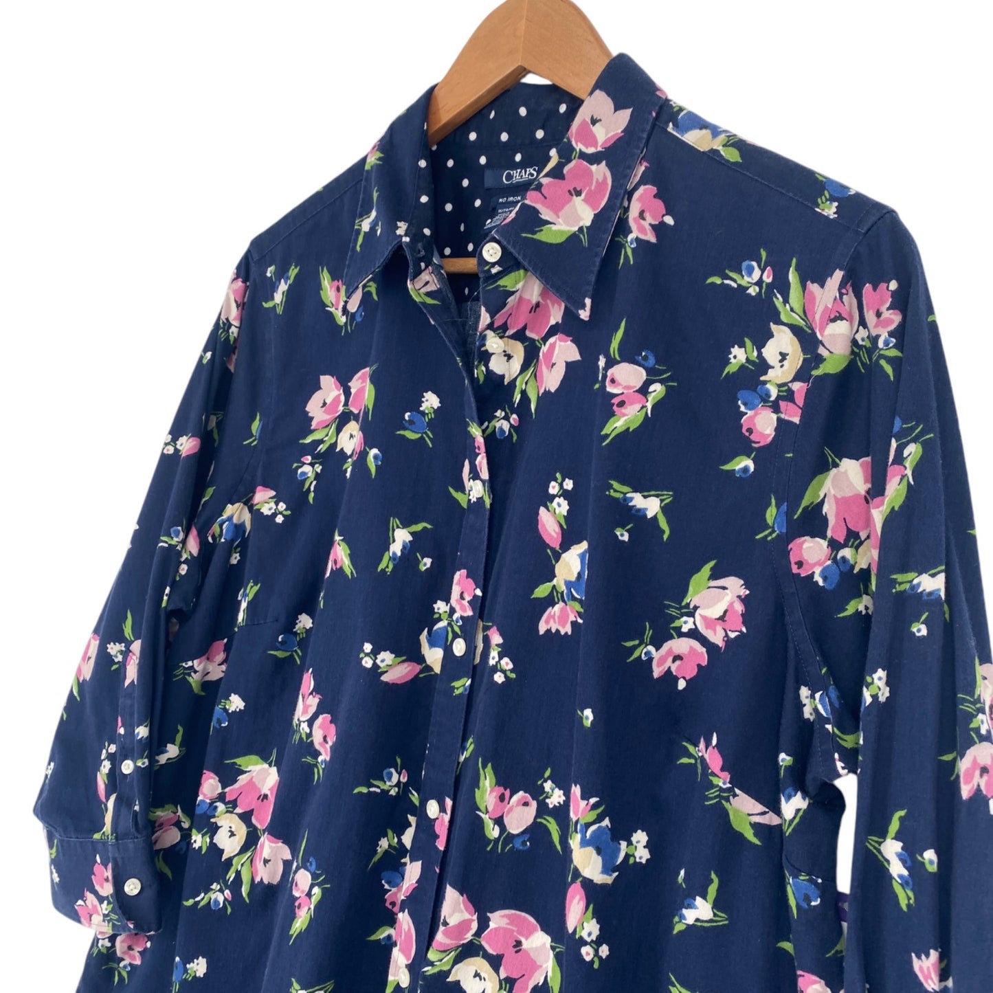 Chaps Womens 1X No Iron Navy Blue Button Up Blouse Pink Floral Contrast Cuff