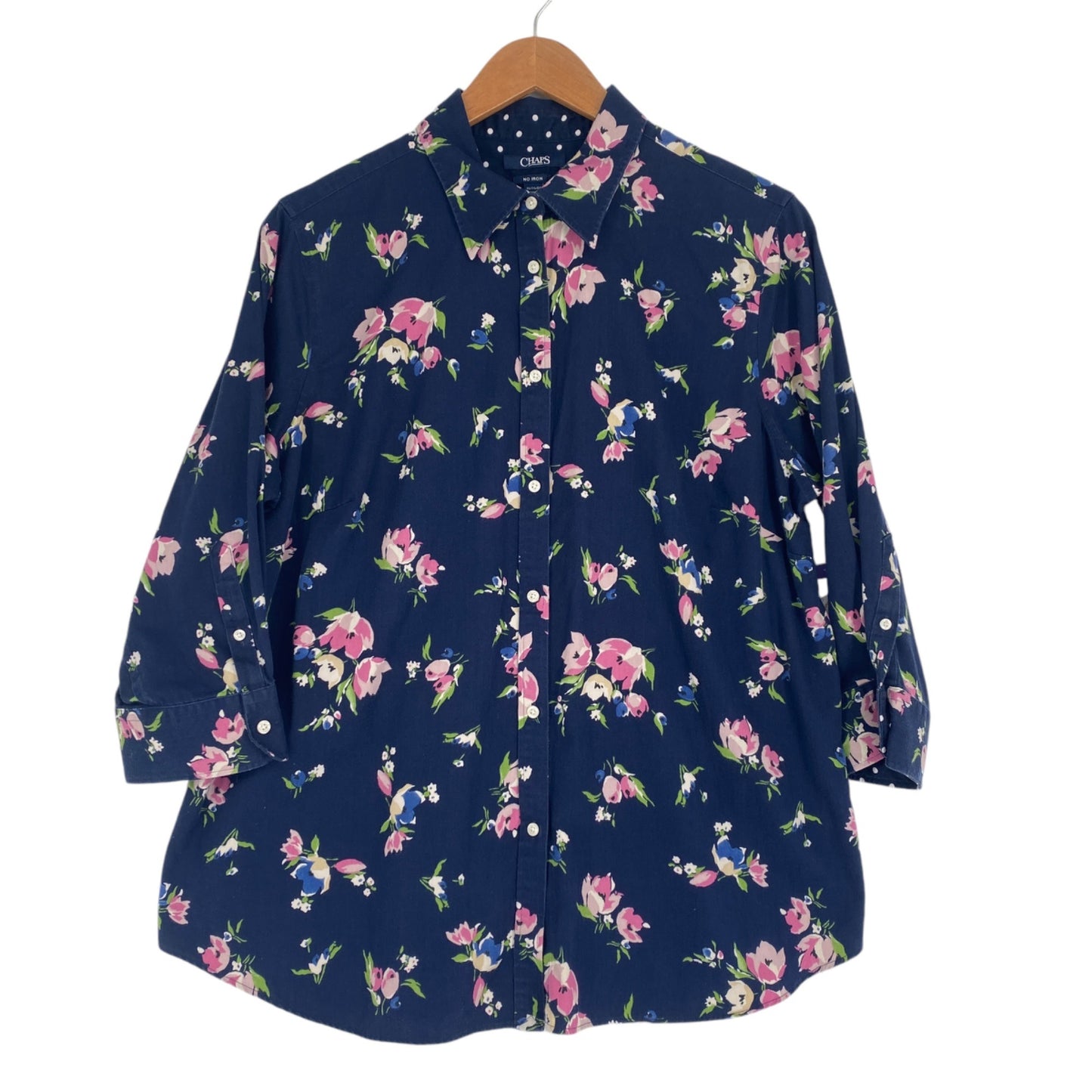 Chaps Womens 1X No Iron Navy Blue Button Up Blouse Pink Floral Contrast Cuff