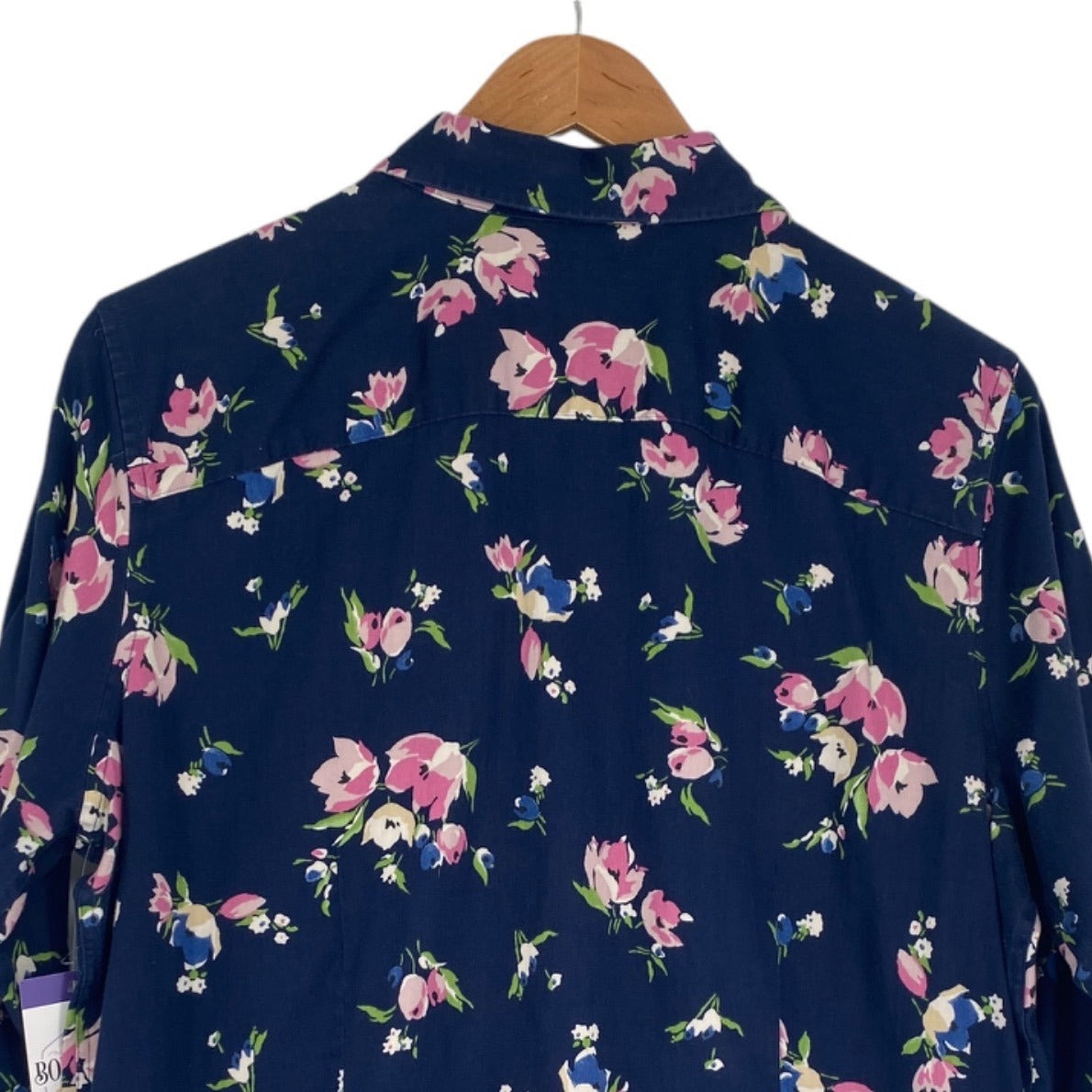 Chaps Womens 1X No Iron Navy Blue Button Up Blouse Pink Floral Contrast Cuff