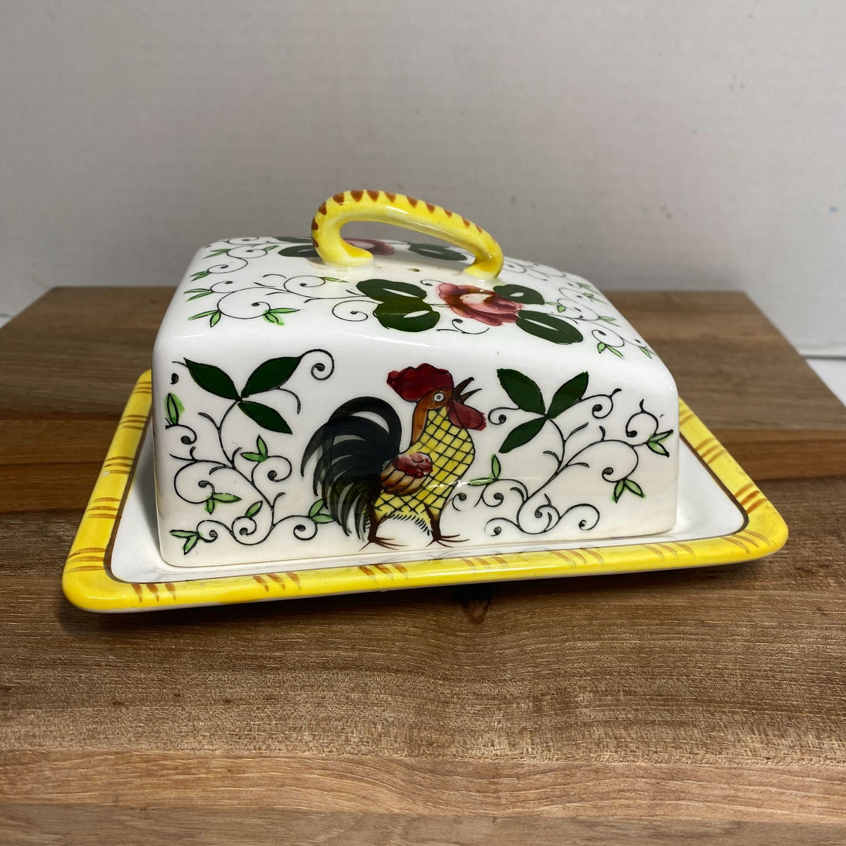 Vintage Ucagco Early Provincial Rooster and Roses Yellow Cheese Keeper 1950s