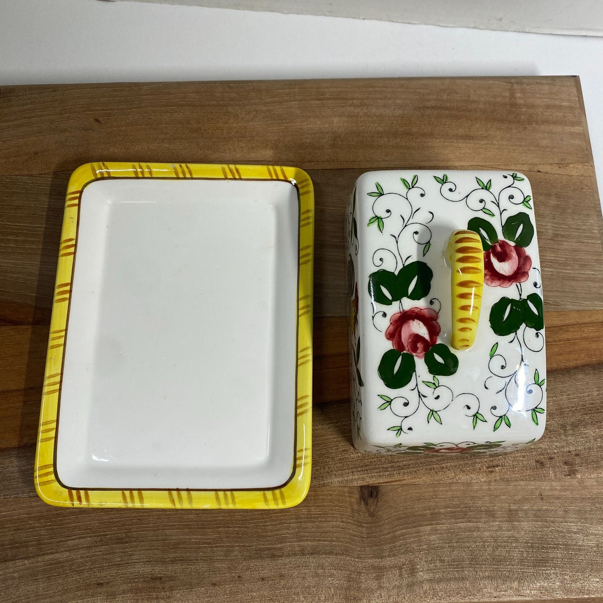 Vintage Ucagco Early Provincial Rooster and Roses Yellow Cheese Keeper 1950s