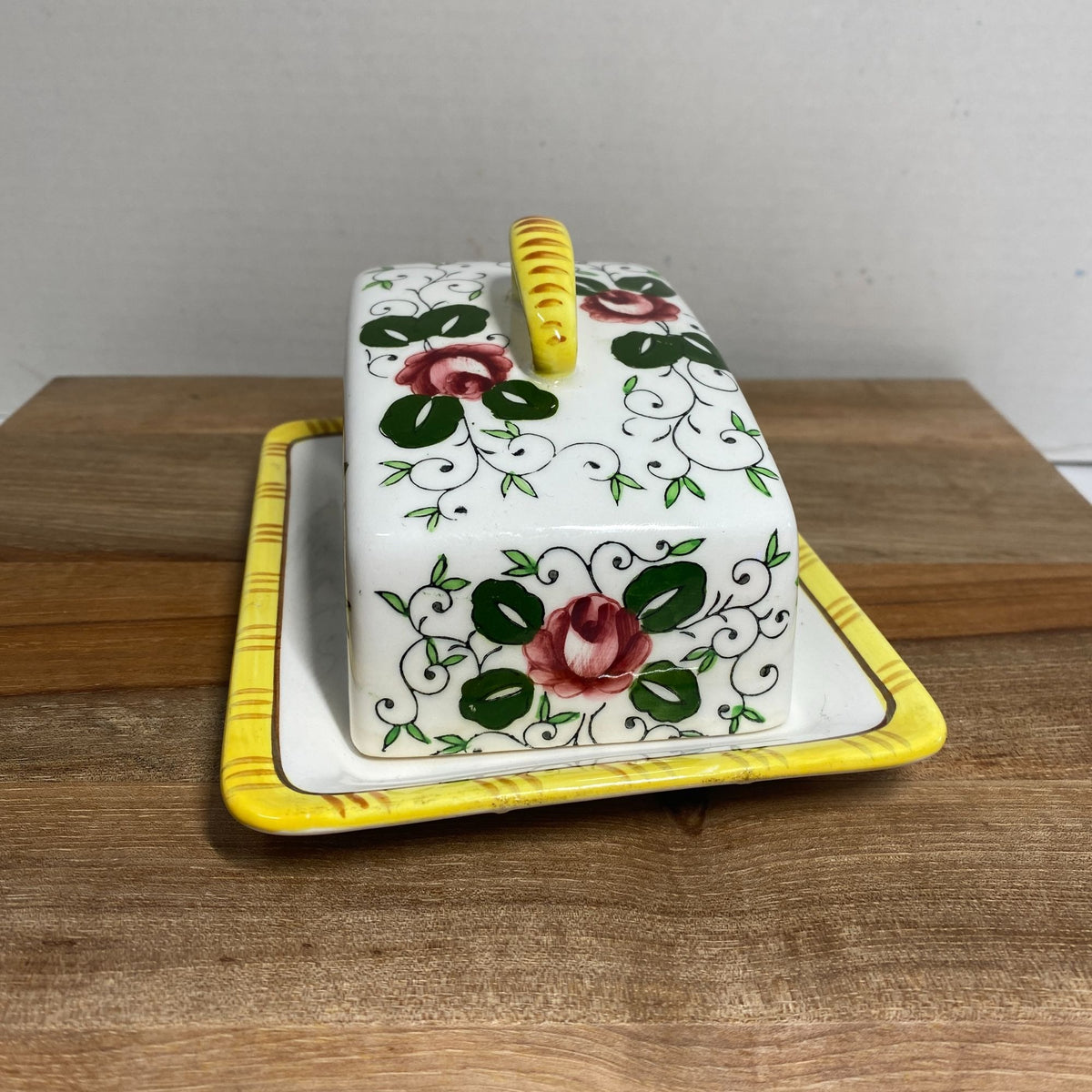 Vintage Ucagco Early Provincial Rooster and Roses Yellow Cheese Keeper 1950s