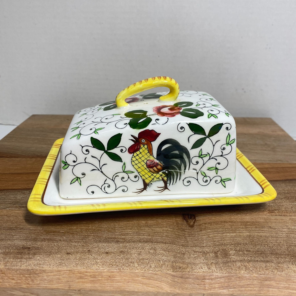 Vintage Ucagco Early Provincial Rooster and Roses Yellow Cheese Keeper 1950s