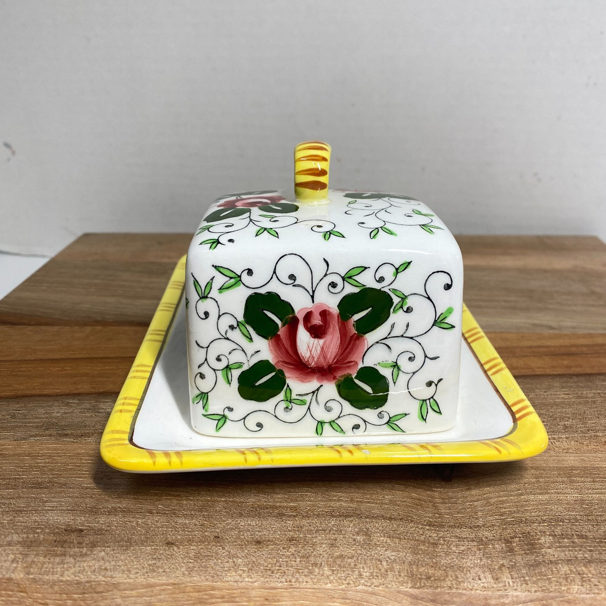 Vintage Ucagco Early Provincial Rooster and Roses Yellow Cheese Keeper 1950s