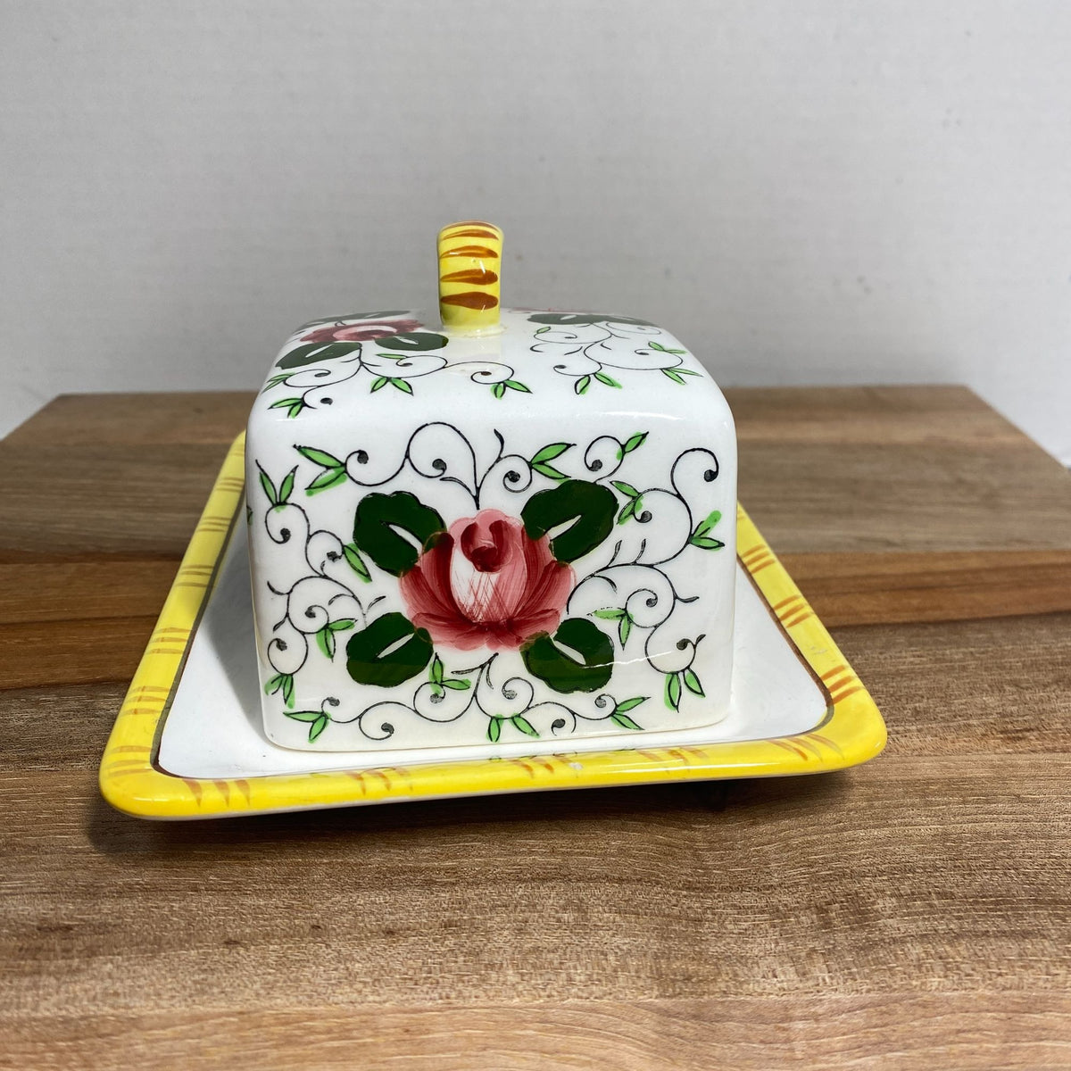 Vintage Ucagco Early Provincial Rooster and Roses Yellow Cheese Keeper 1950s