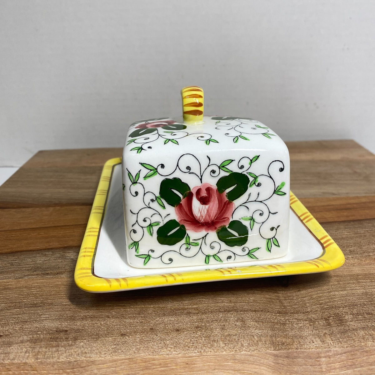 Vintage Ucagco Early Provincial Rooster and Roses Yellow Cheese Keeper 1950s