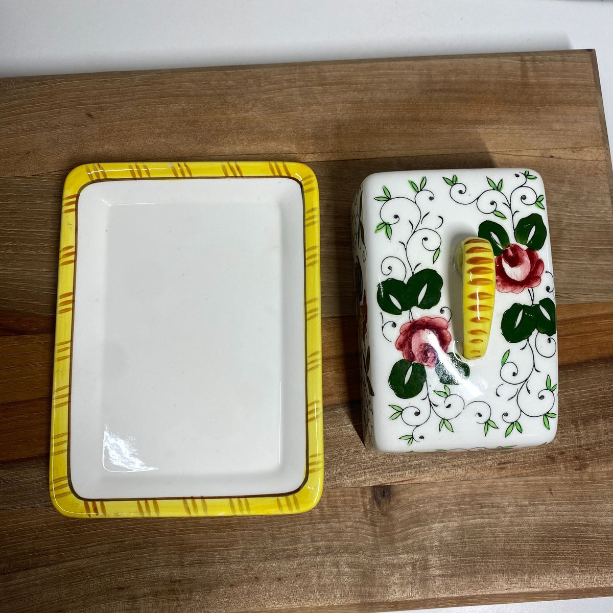 Vintage Ucagco Early Provincial Rooster and Roses Yellow Cheese Keeper 1950s