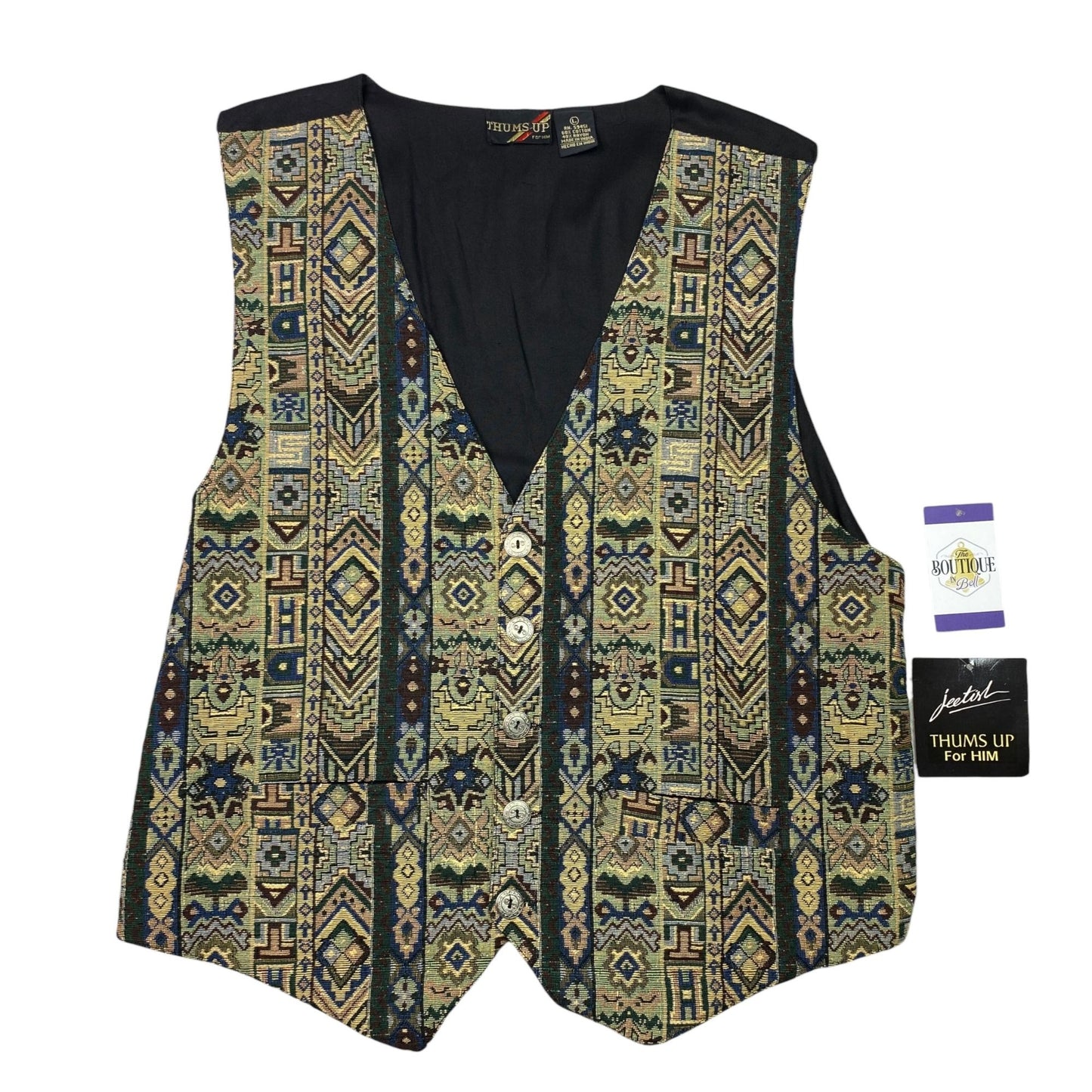 Thums Up Tapestry Vest Mens L Button Front Adjustable Tailored Aztec Grandpa NWT