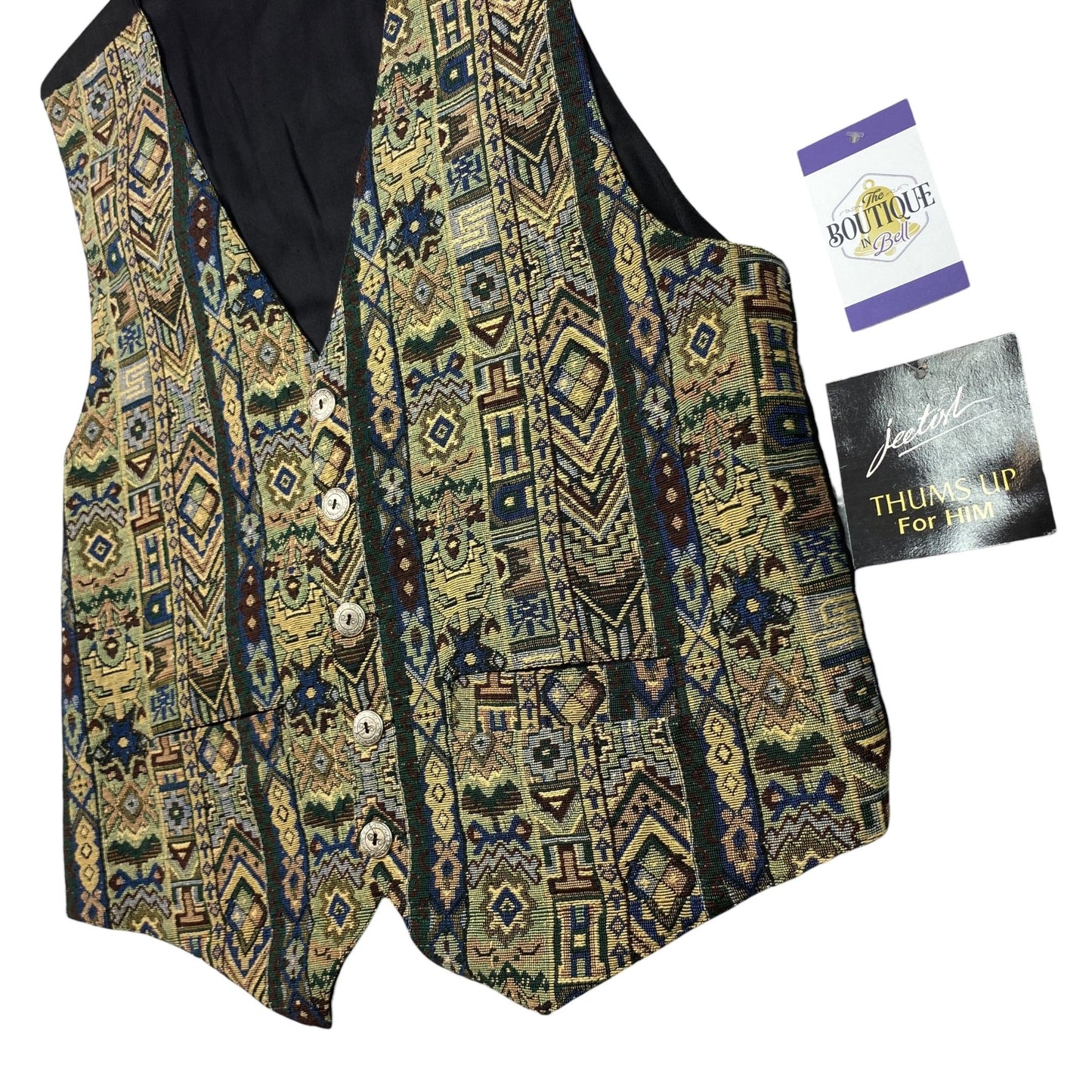 Thums Up Tapestry Vest Mens L Button Front Adjustable Tailored Aztec Grandpa NWT
