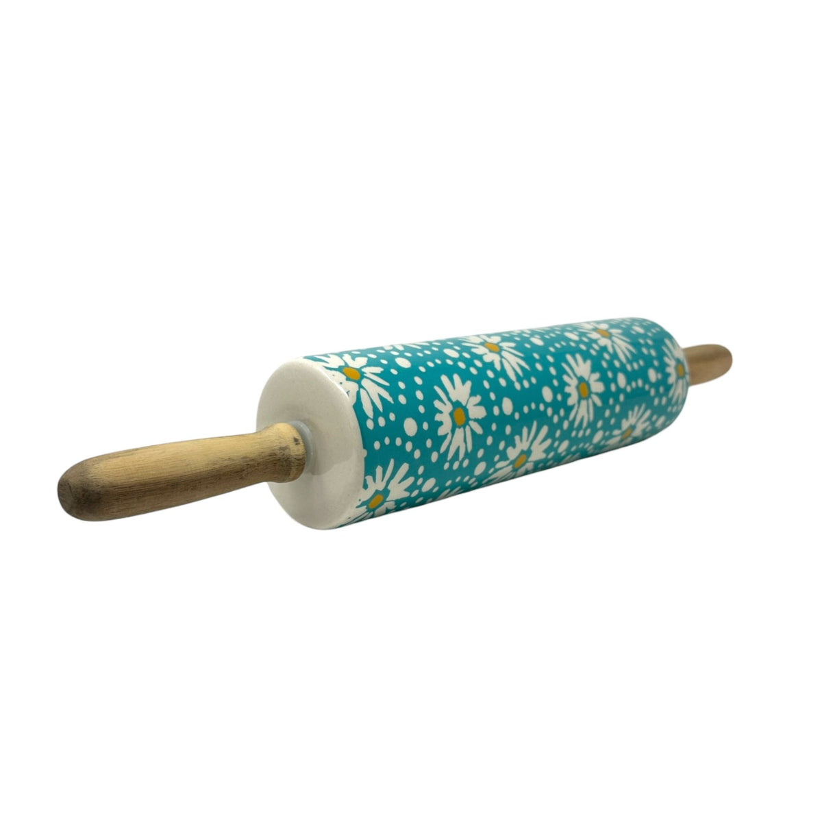 The Pioneer Woman Daisy Rolling Pin 18" Ceramic Wood Handles Floral Teal White