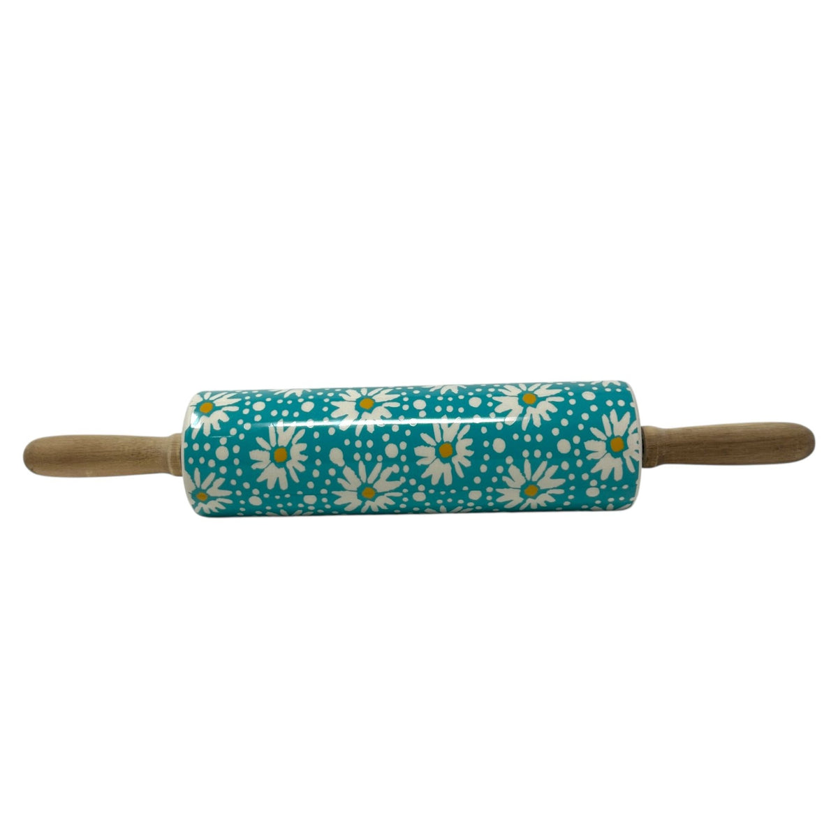 The Pioneer Woman Daisy Rolling Pin 18" Ceramic Wood Handles Floral Teal White