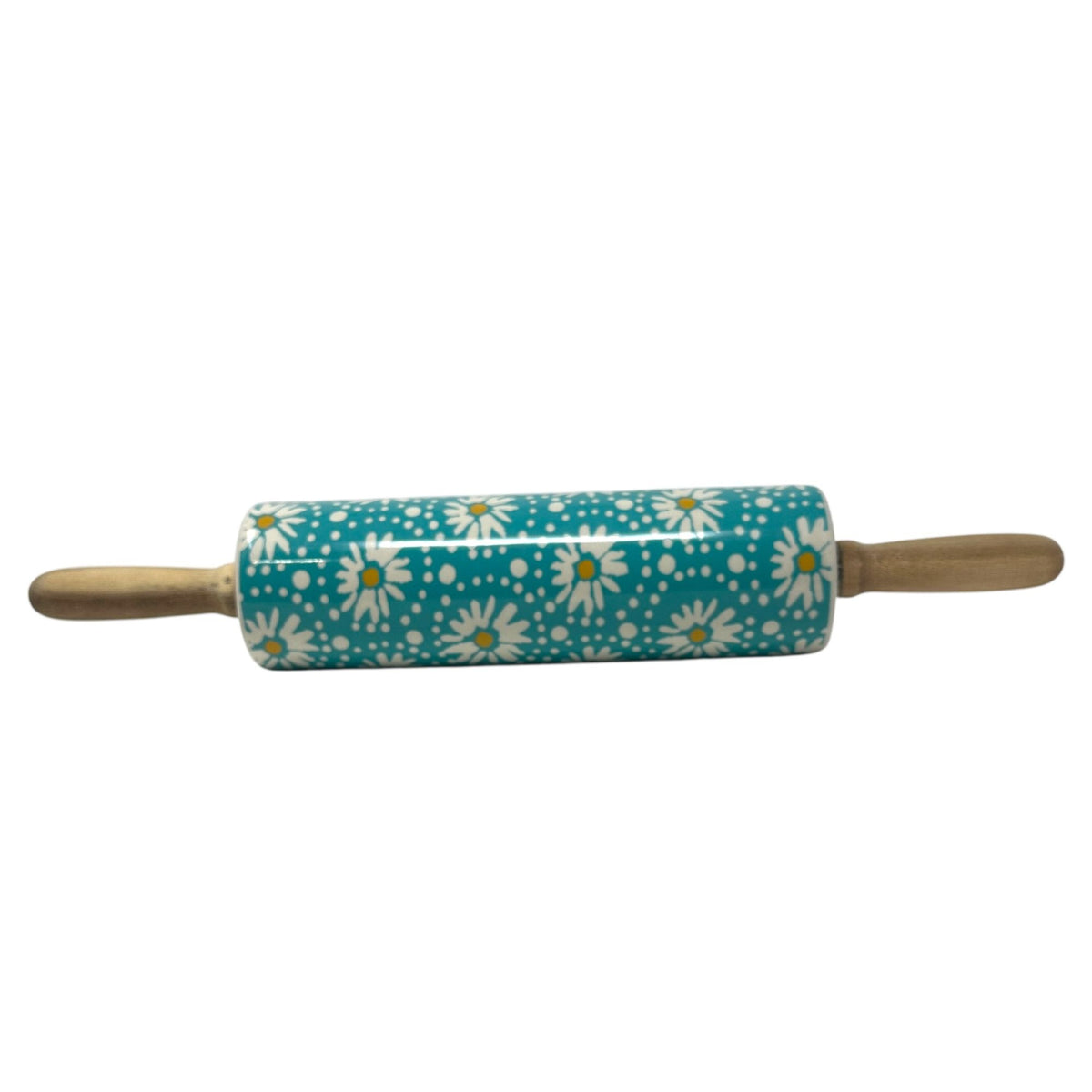 The Pioneer Woman Daisy Rolling Pin 18" Ceramic Wood Handles Floral Teal White