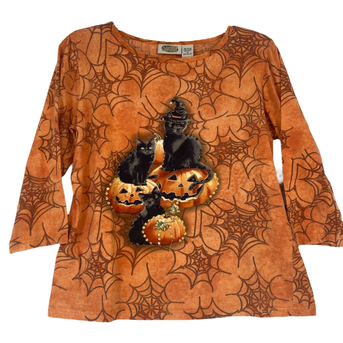 Collectors Etc M Orange Halloween Top 3/4 Sleeve Black Cat Pumpkin Spider Webs