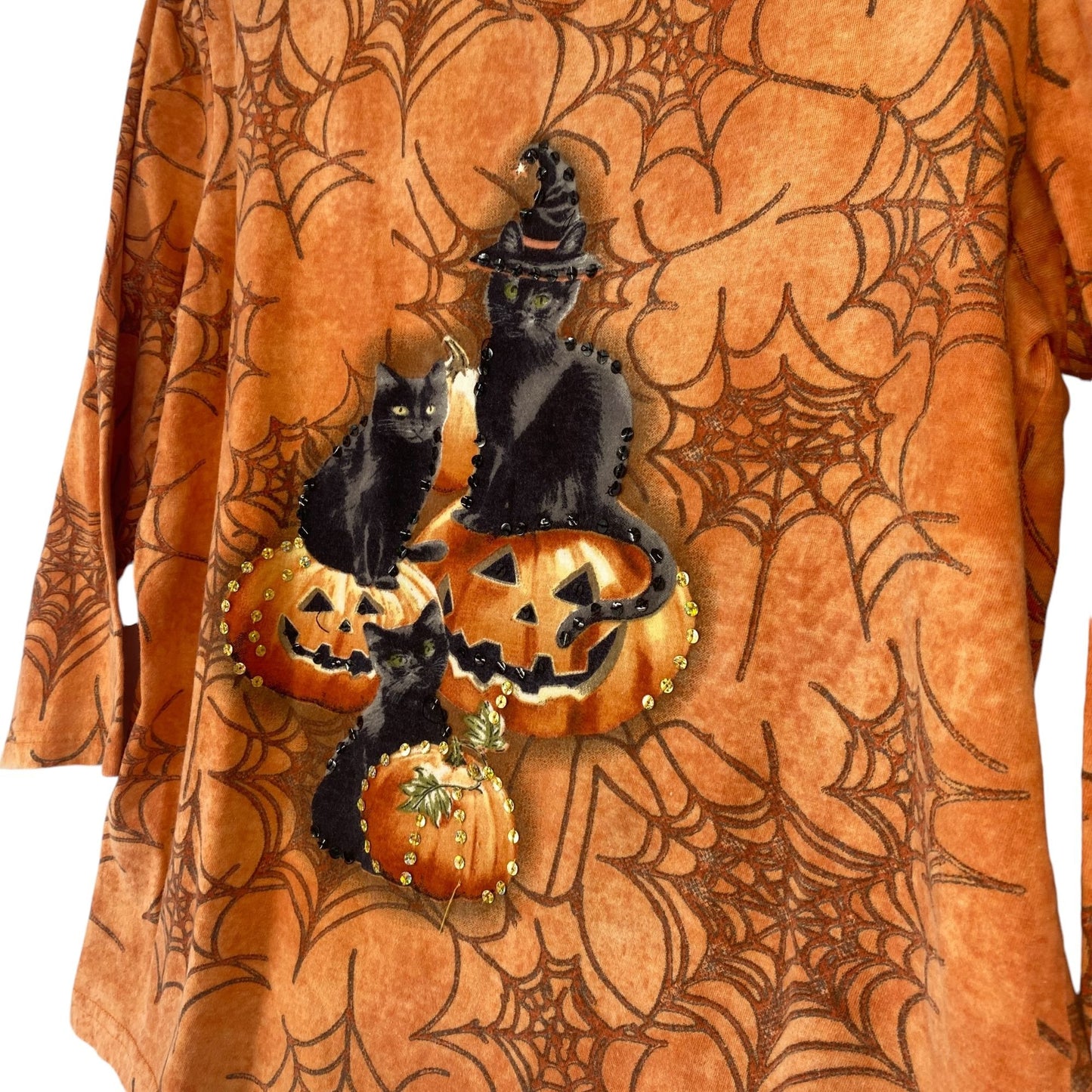 Collectors Etc M Orange Halloween Top 3/4 Sleeve Black Cat Pumpkin Spider Webs