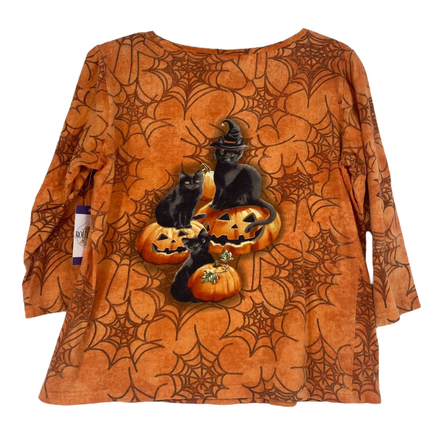 Collectors Etc M Orange Halloween Top 3/4 Sleeve Black Cat Pumpkin Spider Webs