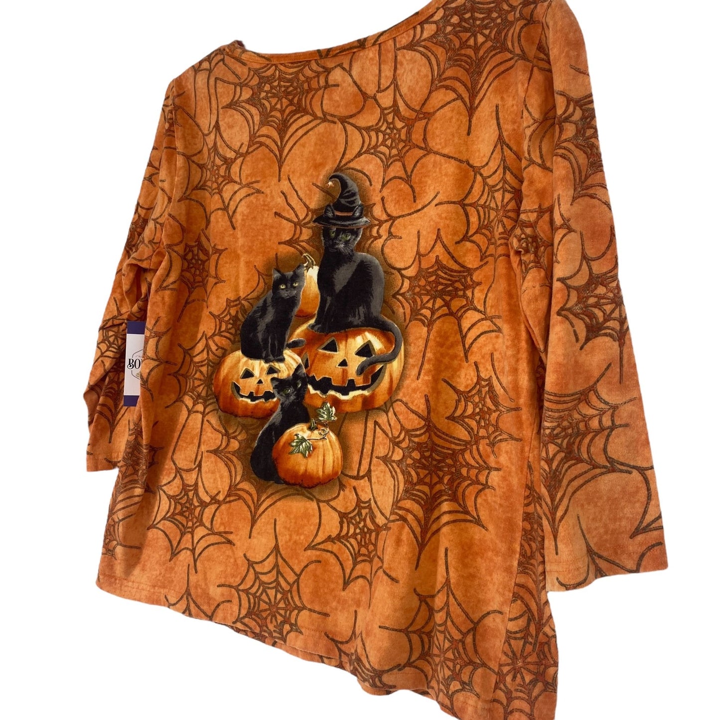 Collectors Etc M Orange Halloween Top 3/4 Sleeve Black Cat Pumpkin Spider Webs