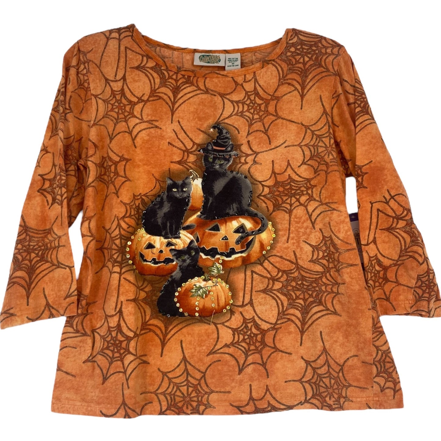 Collectors Etc M Orange Halloween Top 3/4 Sleeve Black Cat Pumpkin Spider Webs