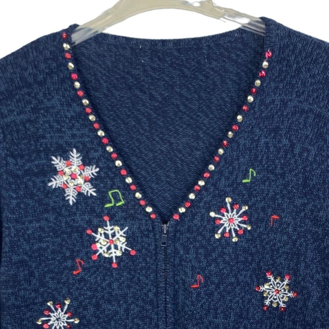 Unbranded L Navy Christmas Cardigan VNeck Applique Santa Reindeer Full Zip