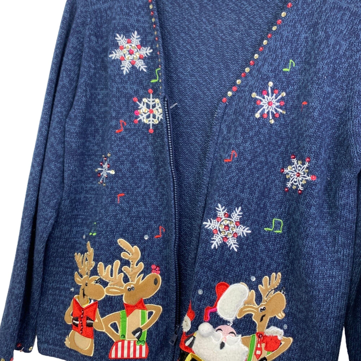 Unbranded L Navy Christmas Cardigan VNeck Applique Santa Reindeer Full Zip