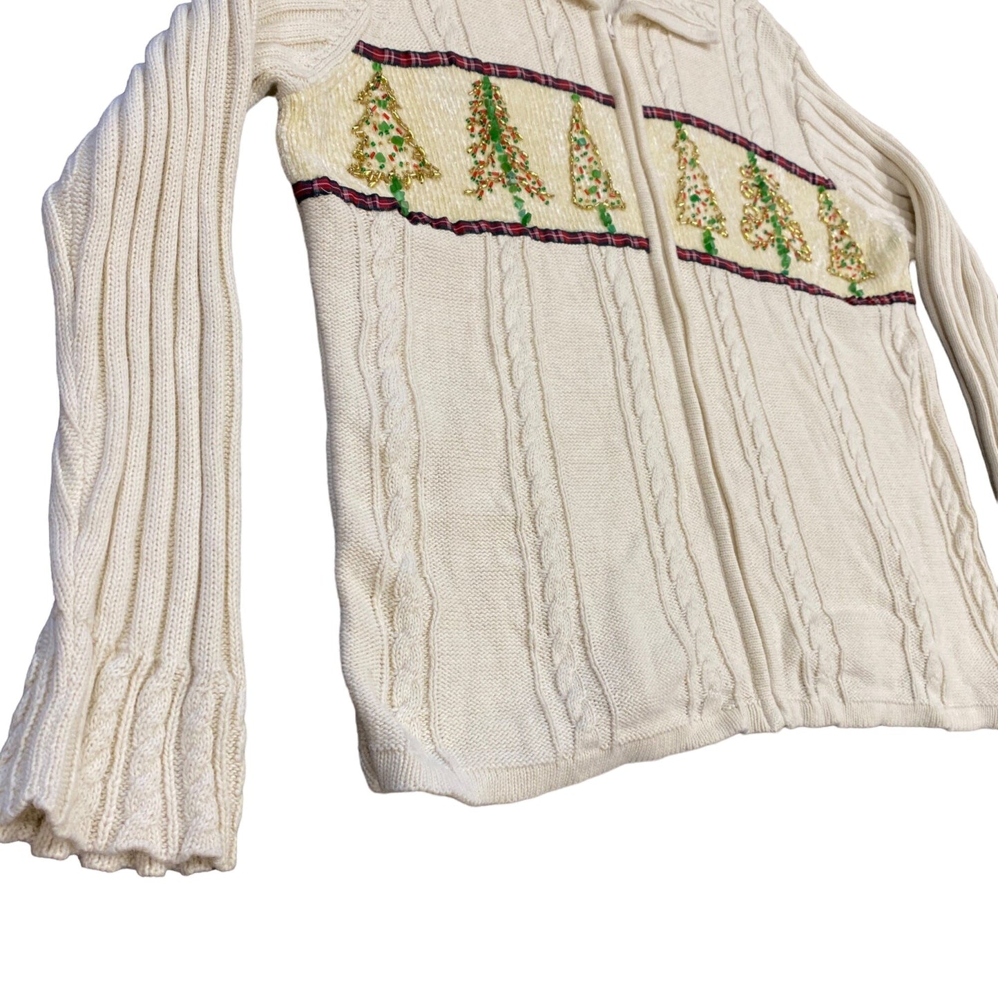 Storybook Knits Christmas Sweater Beaded XL Ivory Full Zip Holidaycore Granny